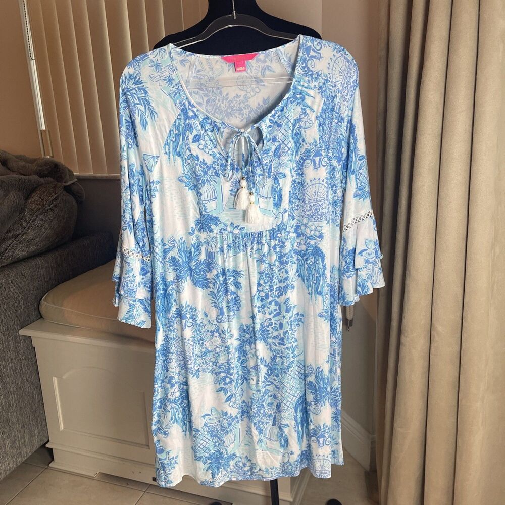Lilly Pulitzer Azita Tunic Dress in Multi "Toile Me About It" Tassels M - Picture 2 of 9
